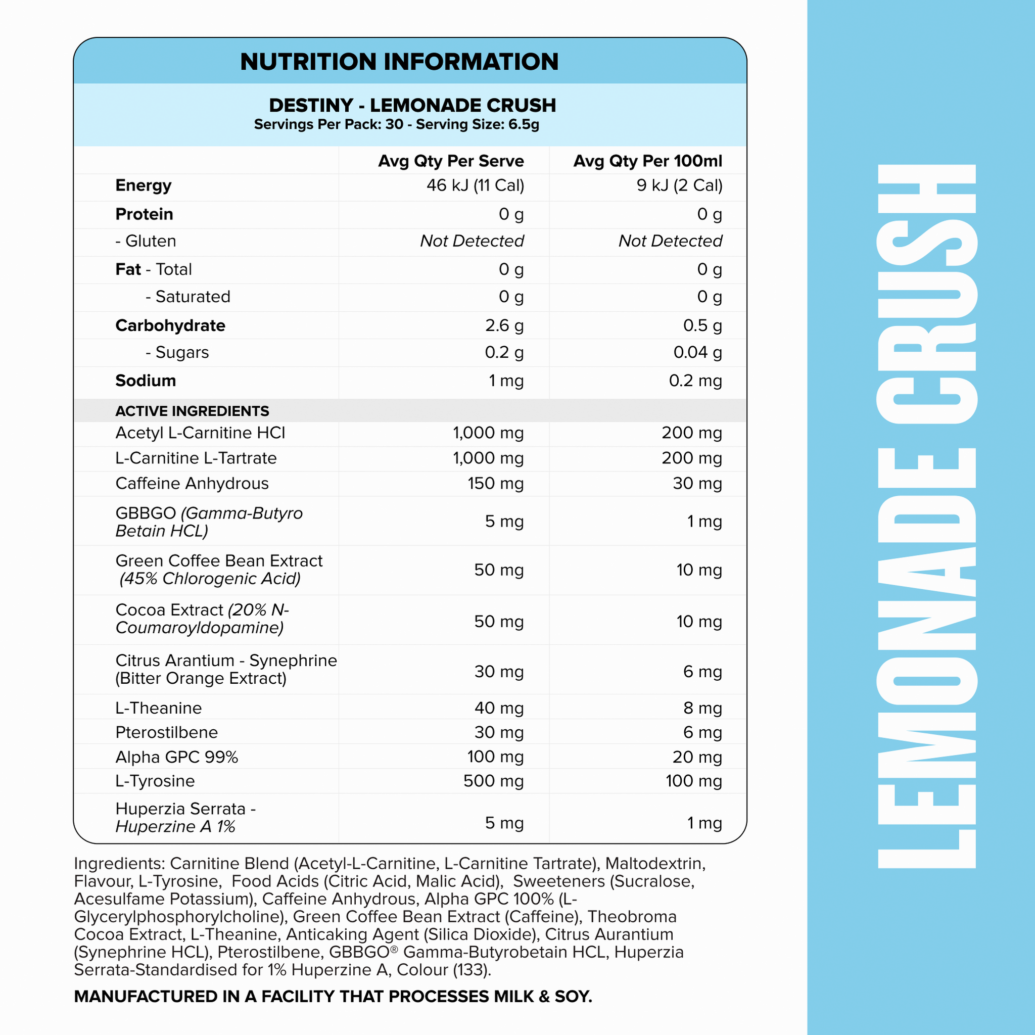 DESTINY Pre-Workout Burn - Lemonade Crush - 30 serves