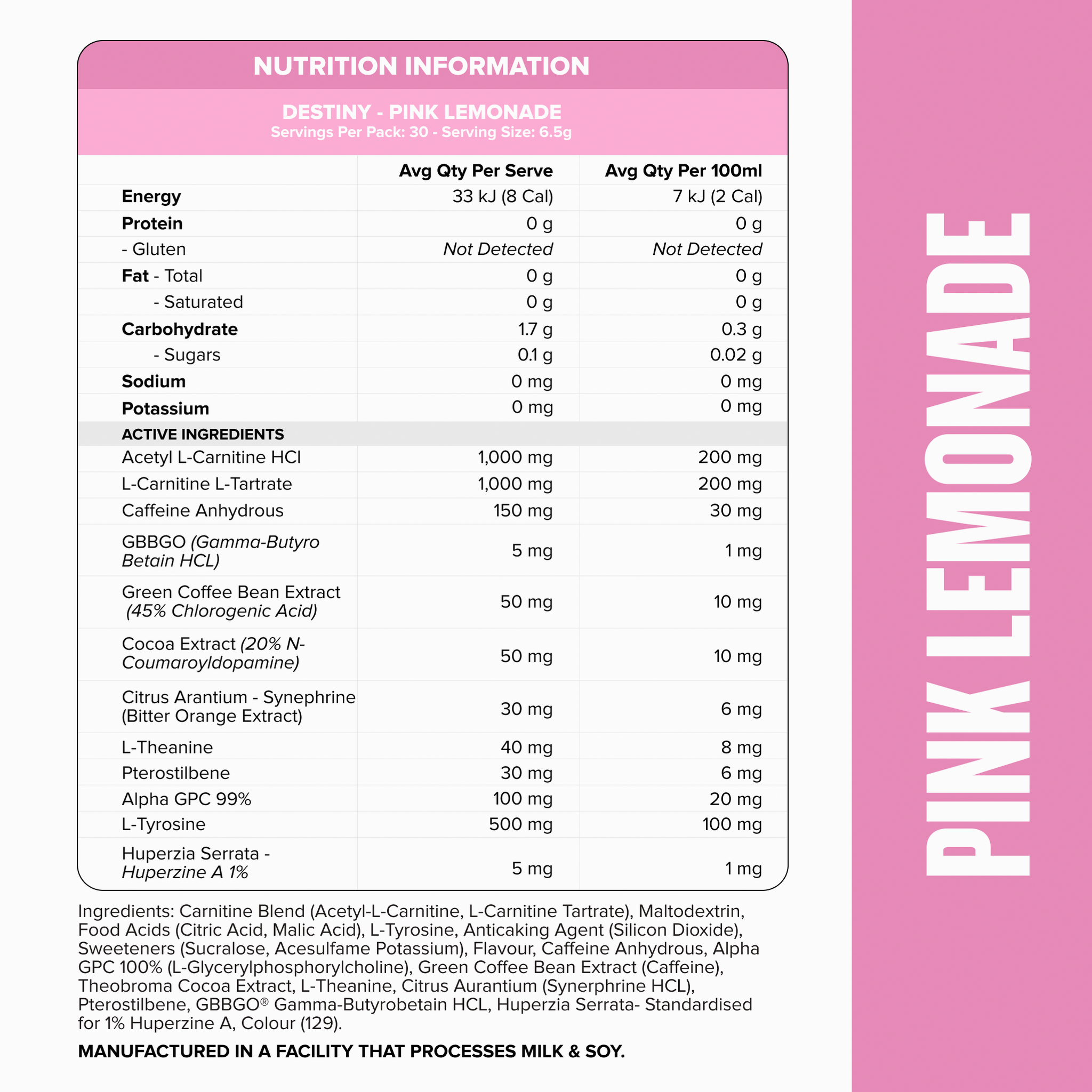 DESTINY Pre-Workout Burn - Pink Lemonade - 30 serves
