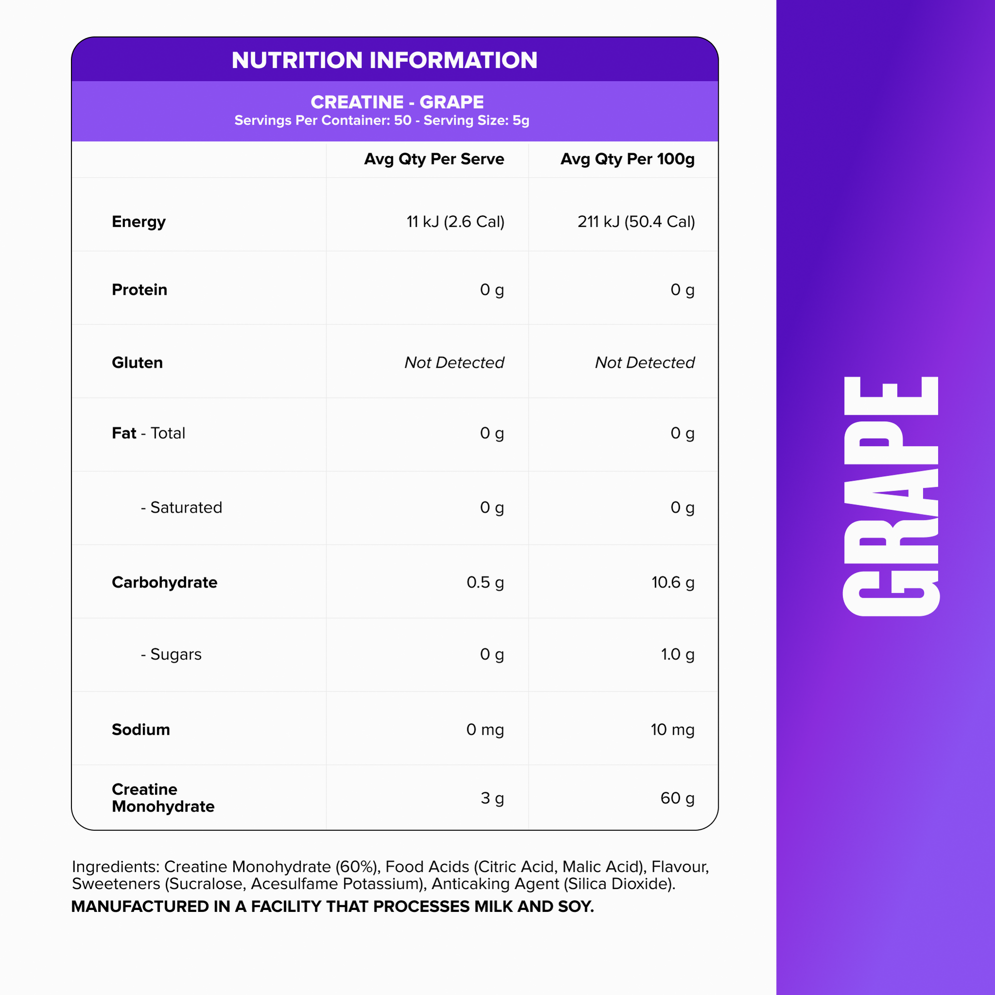 CREATINE MONOHYDRATE - Grape - 50 serves