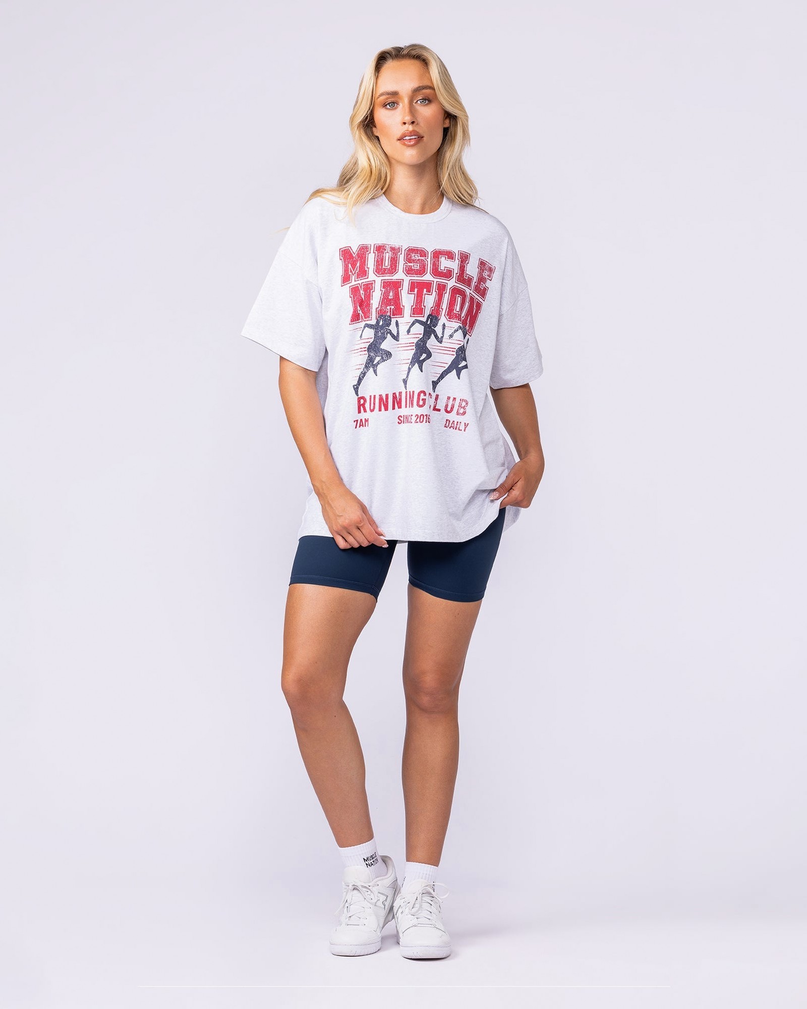 Womens Running Club Oversized Tee - Snow Grey Marl