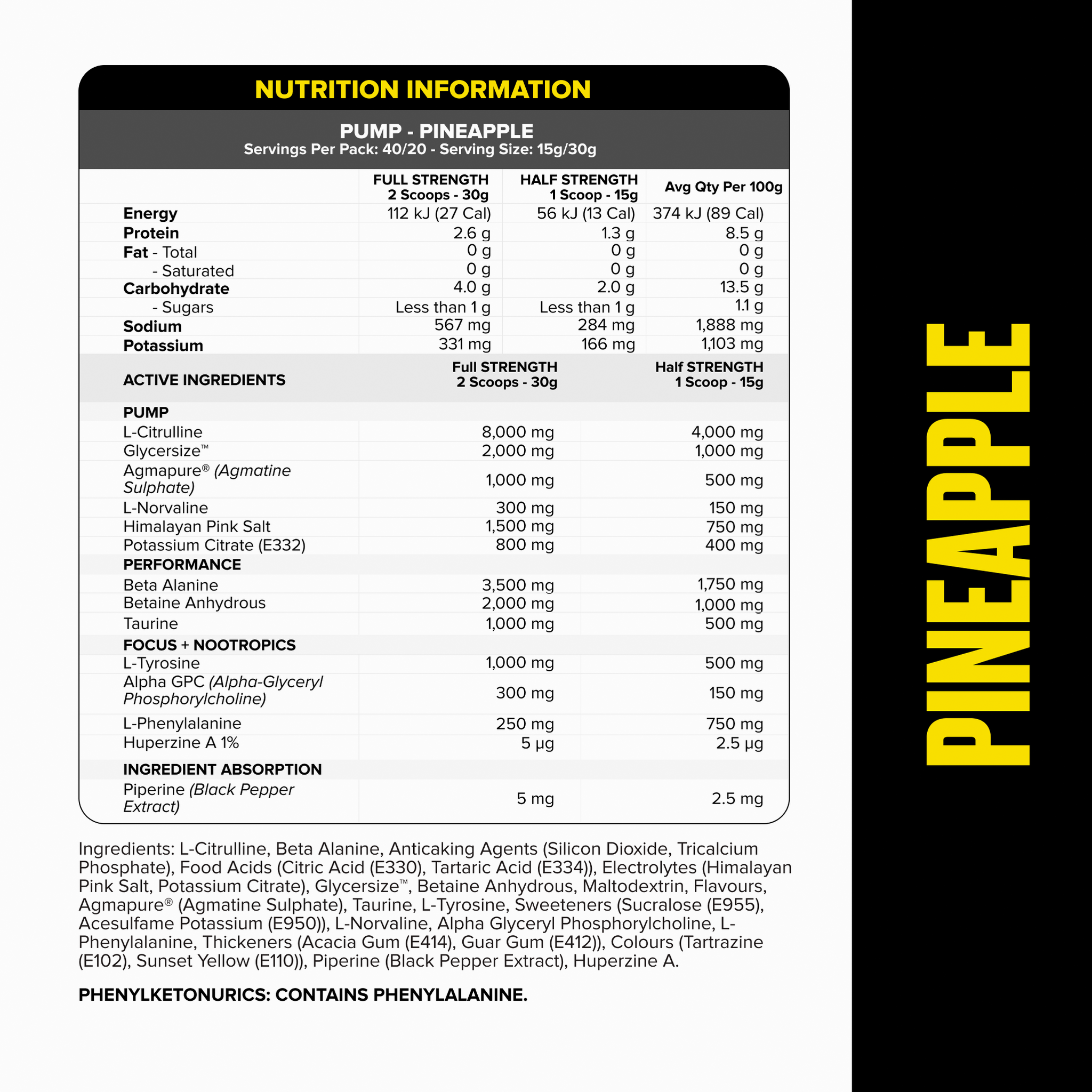 PUMP Pre-Workout Caffeine Free - Pineapple - 40 serves