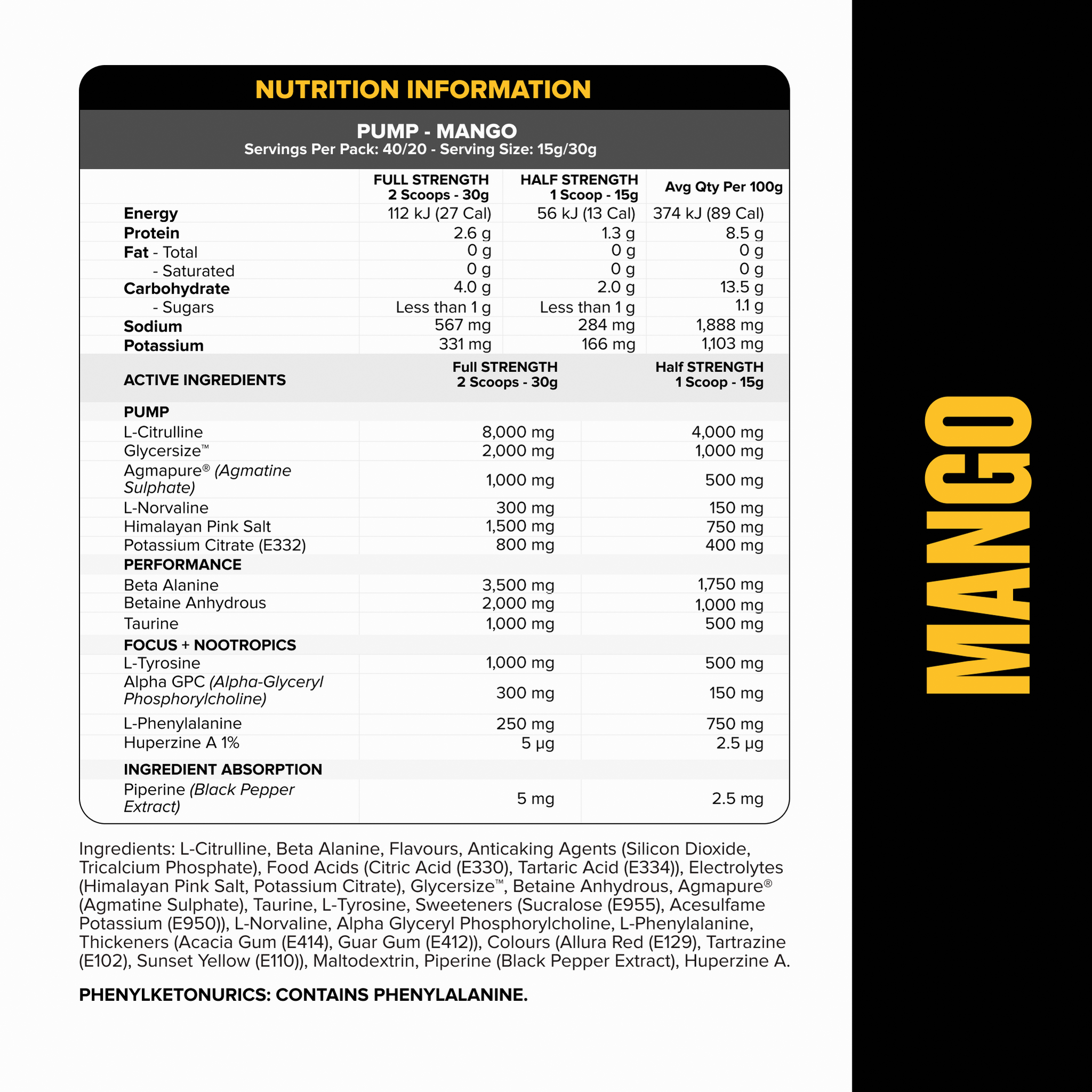 PUMP Pre-Workout Caffeine Free - Mango - 40 serves