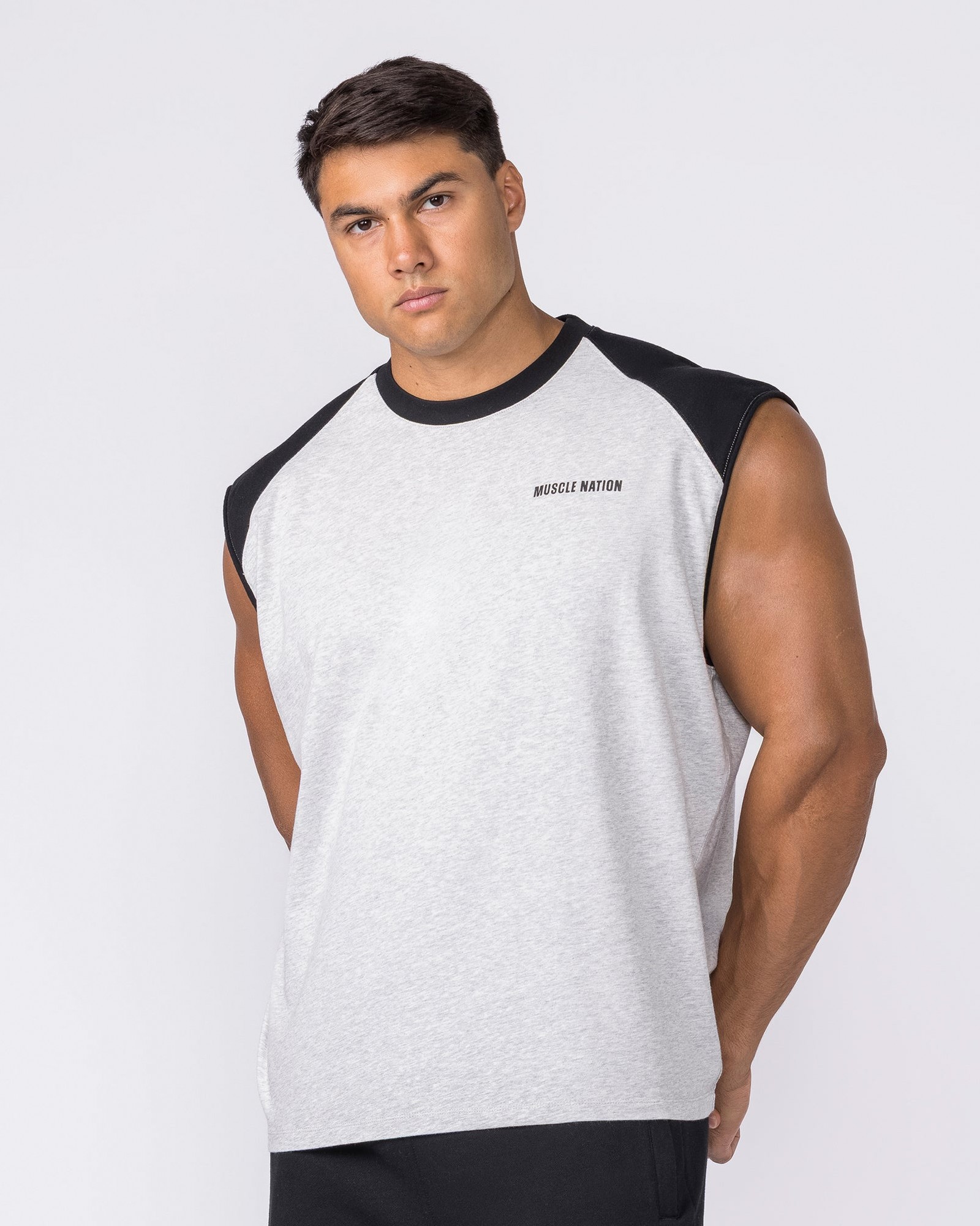 Essential Raglan Boxy Muscle Tank - Grey Marl / Black