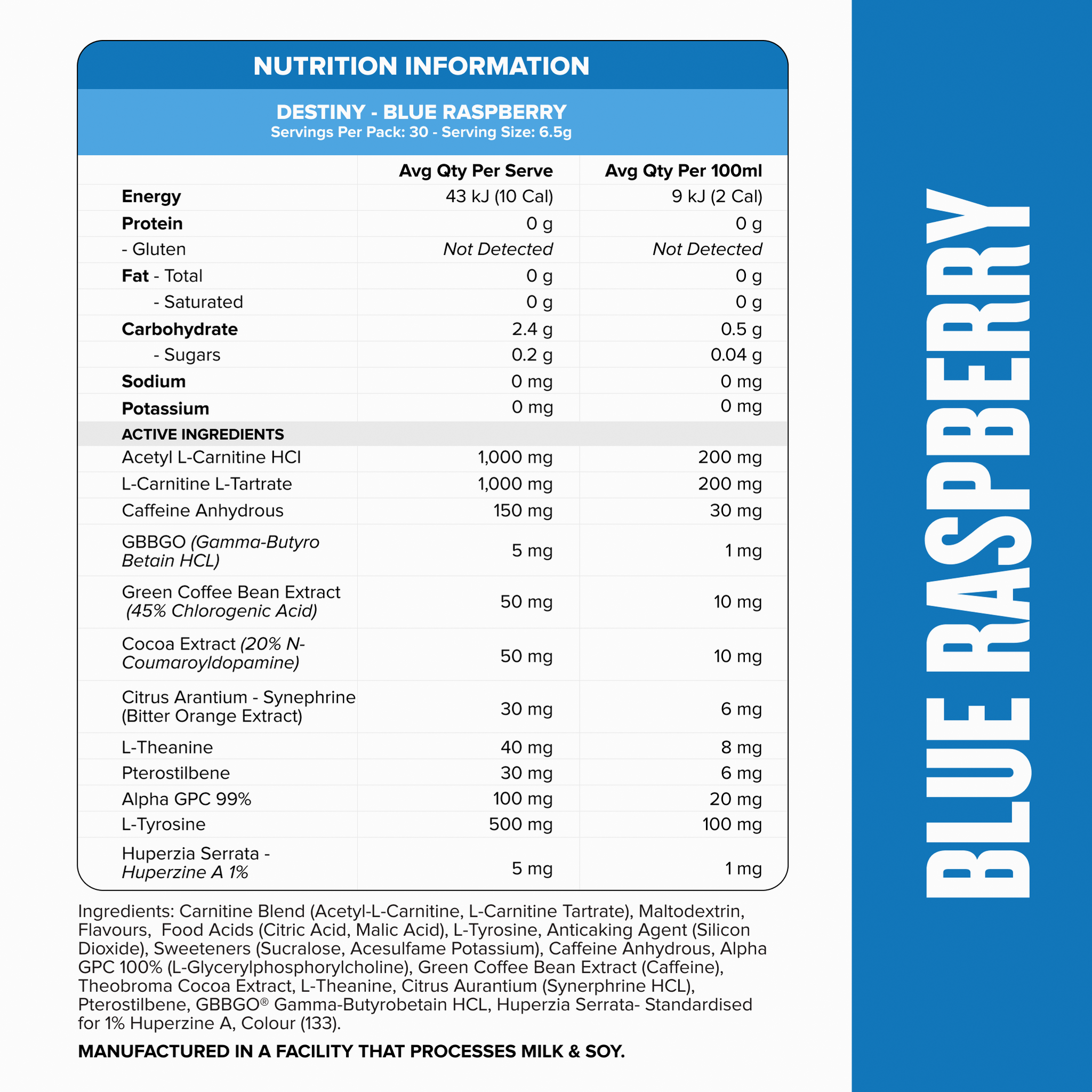 DESTINY Pre-Workout Burn - Blue Raspberry - 30 serves