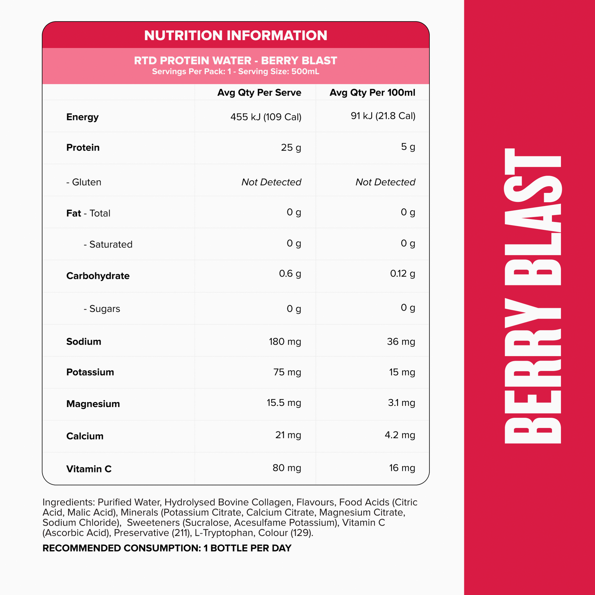 Protein Water RTD - Berry Blast 500ml (12 Pack)