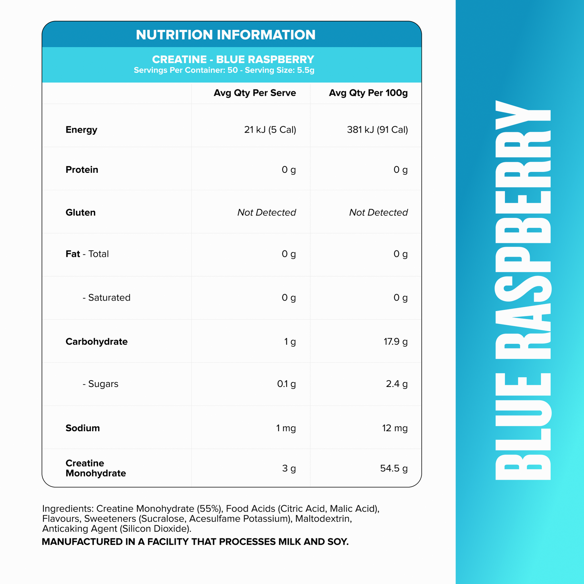 CREATINE MONOHYDRATE - Blue Raspberry - 50 serves