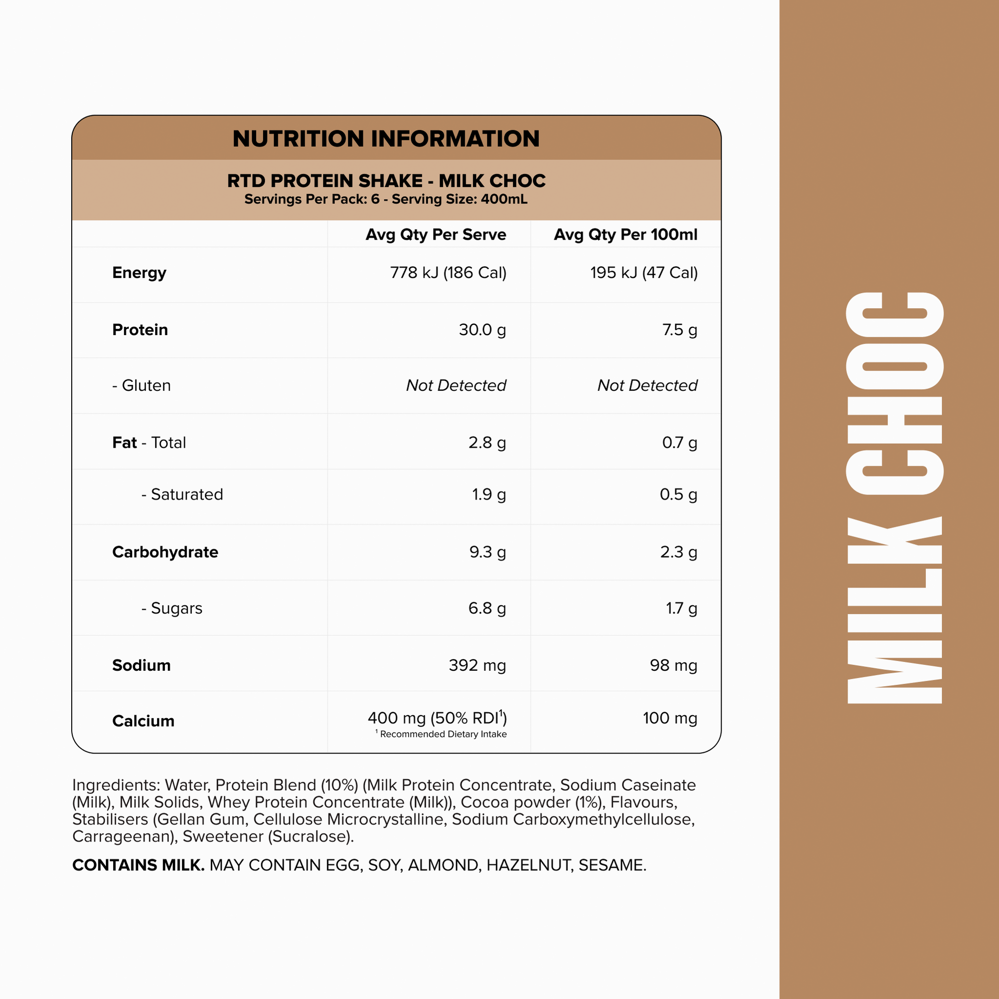 Protein Shake RTD - Milk Choc 400ml Bottle (6 Pack)