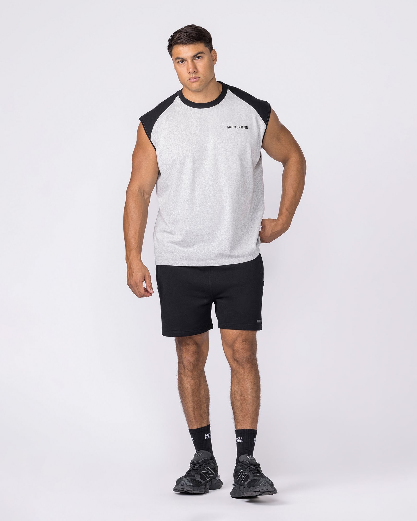 Essential Raglan Boxy Muscle Tank - Grey Marl / Black