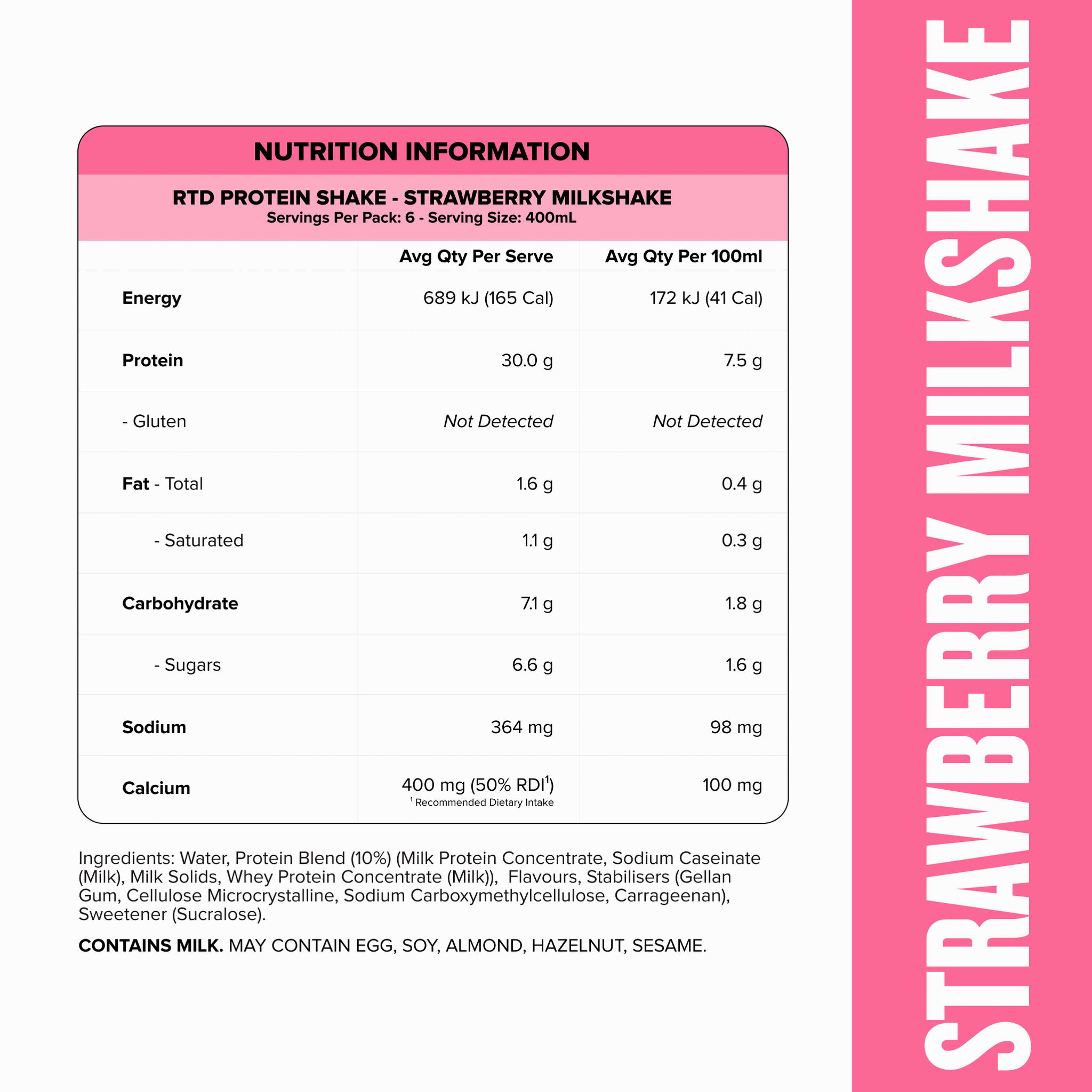 Protein Shake RTD - Strawberry Milkshake 400ml Bottle (6 Pack)