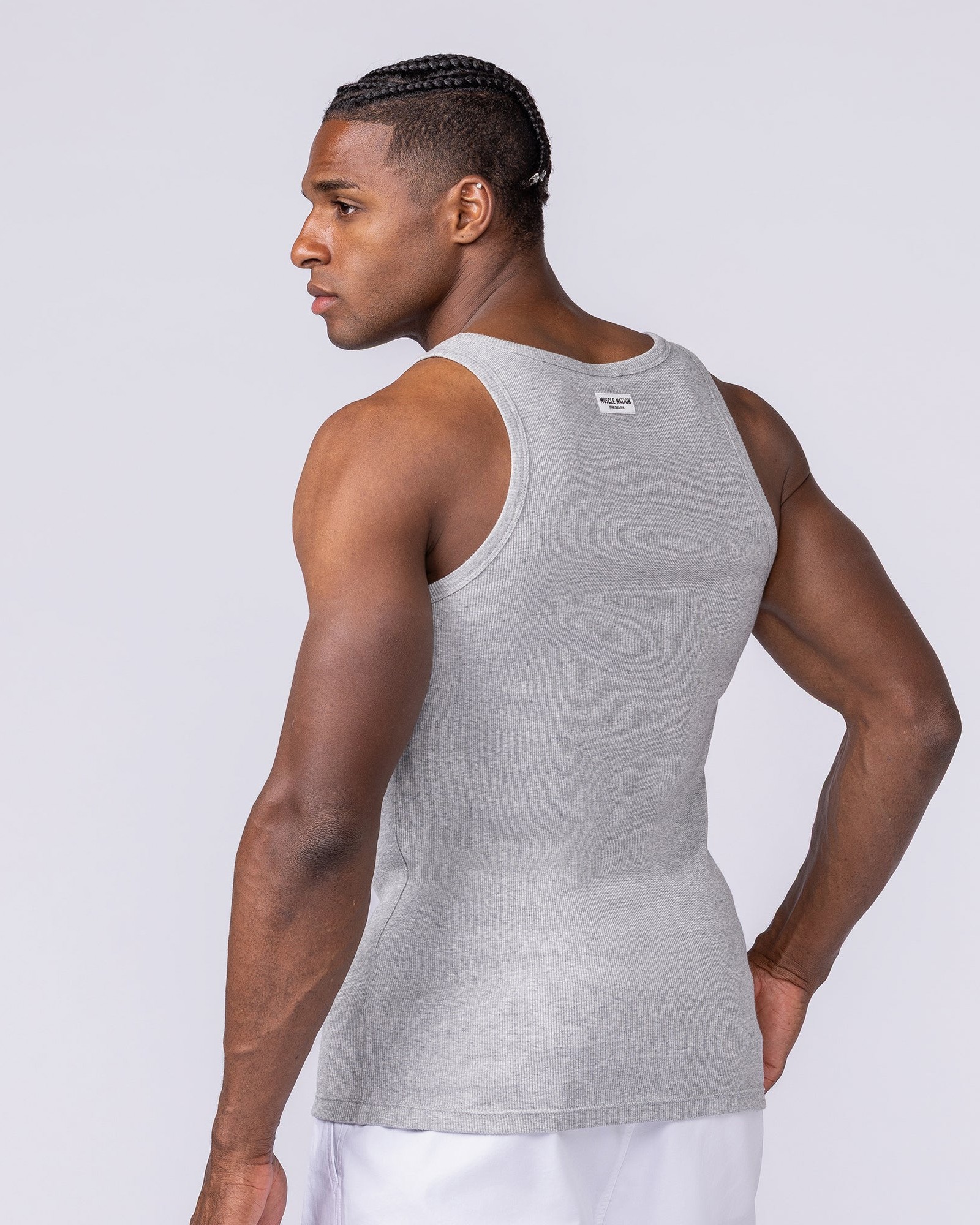 Ribbed Fitted Square Neck Training Tank - Grey Marl