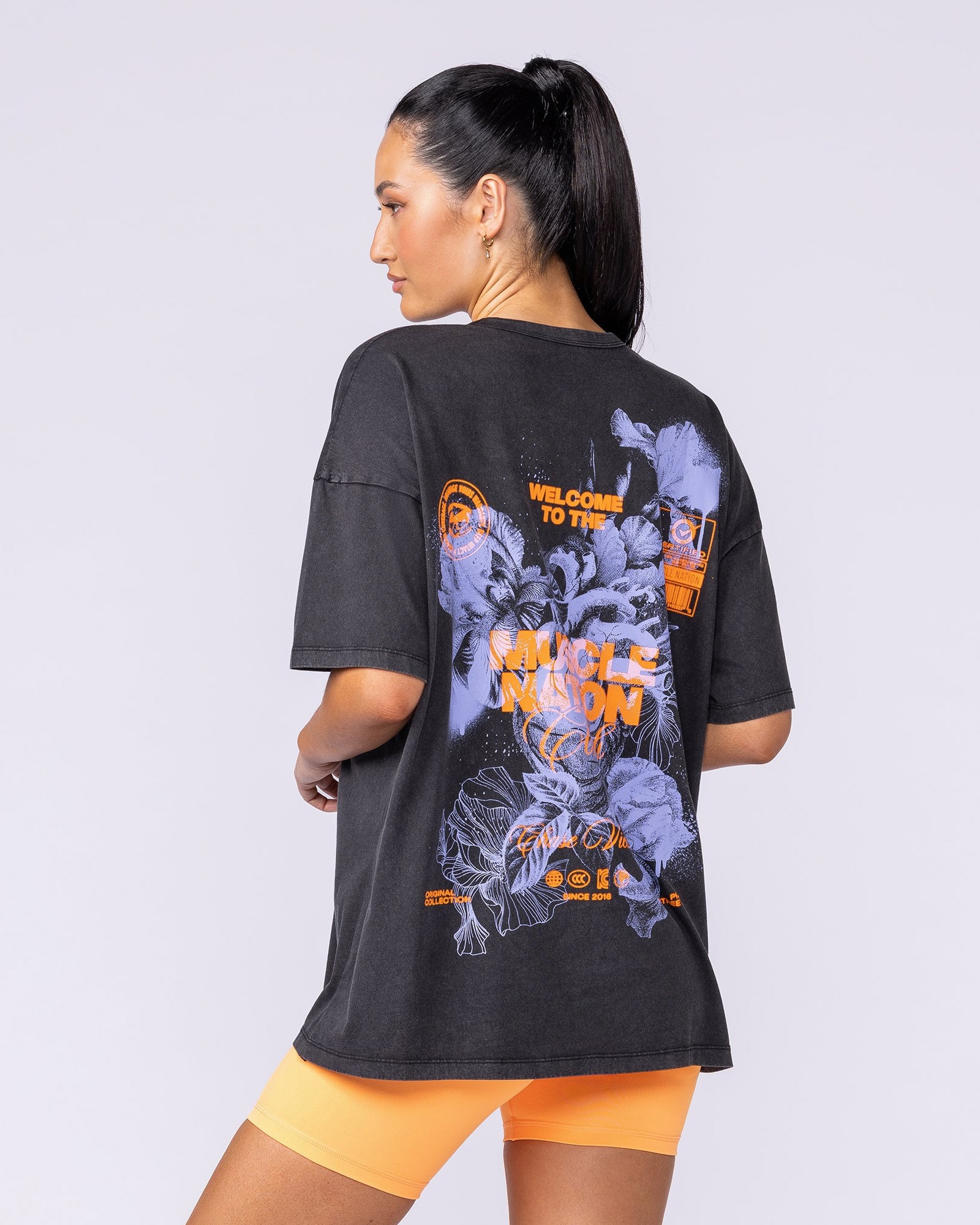 Womens Neon Iris Oversized Vintage Tee - Washed Black