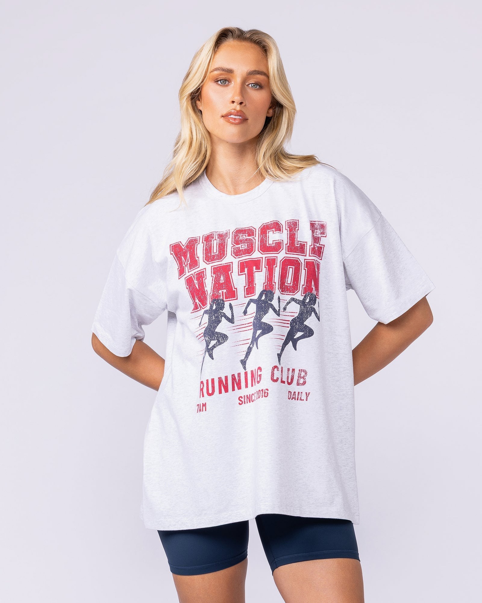 Womens Running Club Oversized Tee - Snow Grey Marl