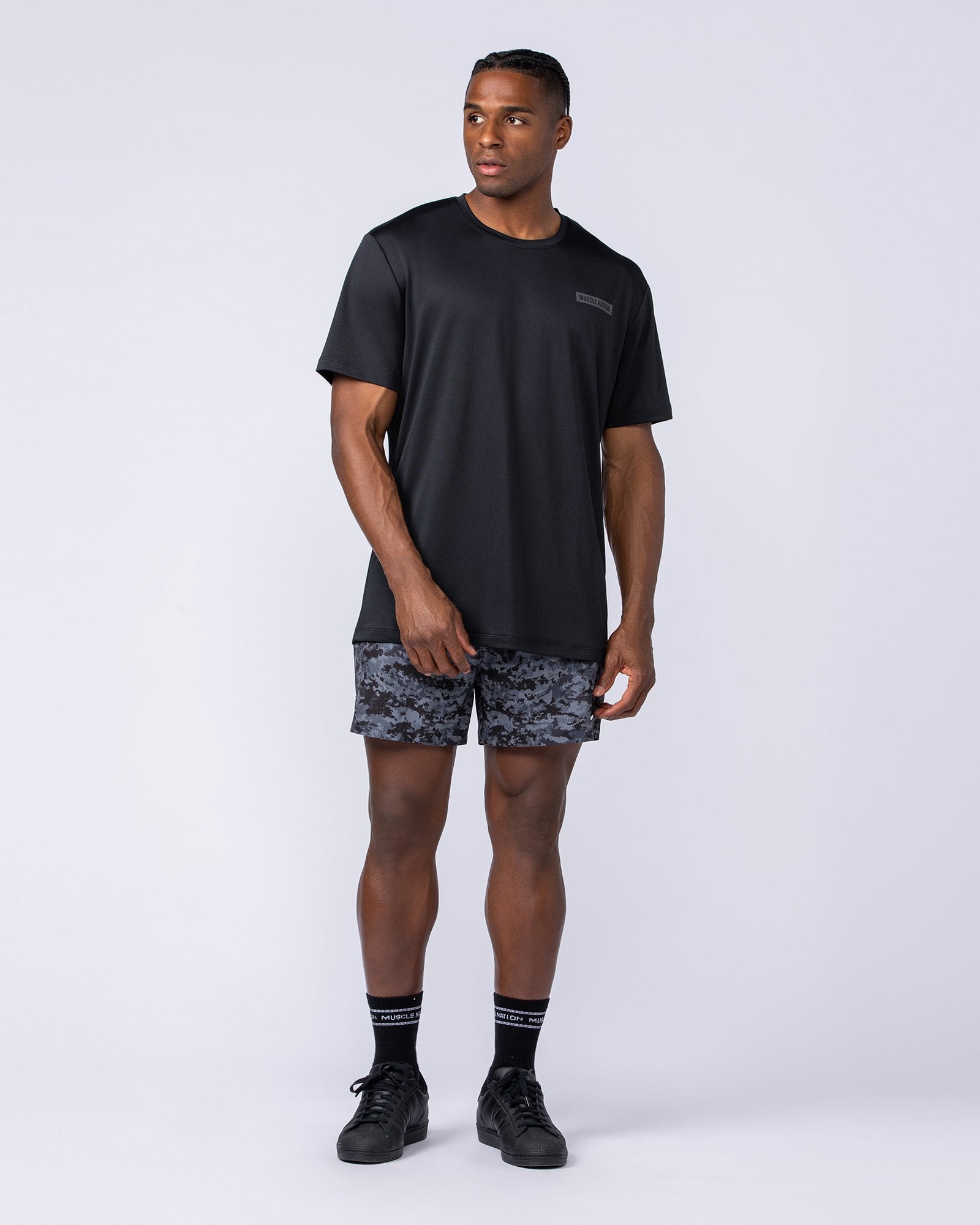 Level Up Training 4" Shorts - Grey/Black Distressed Print