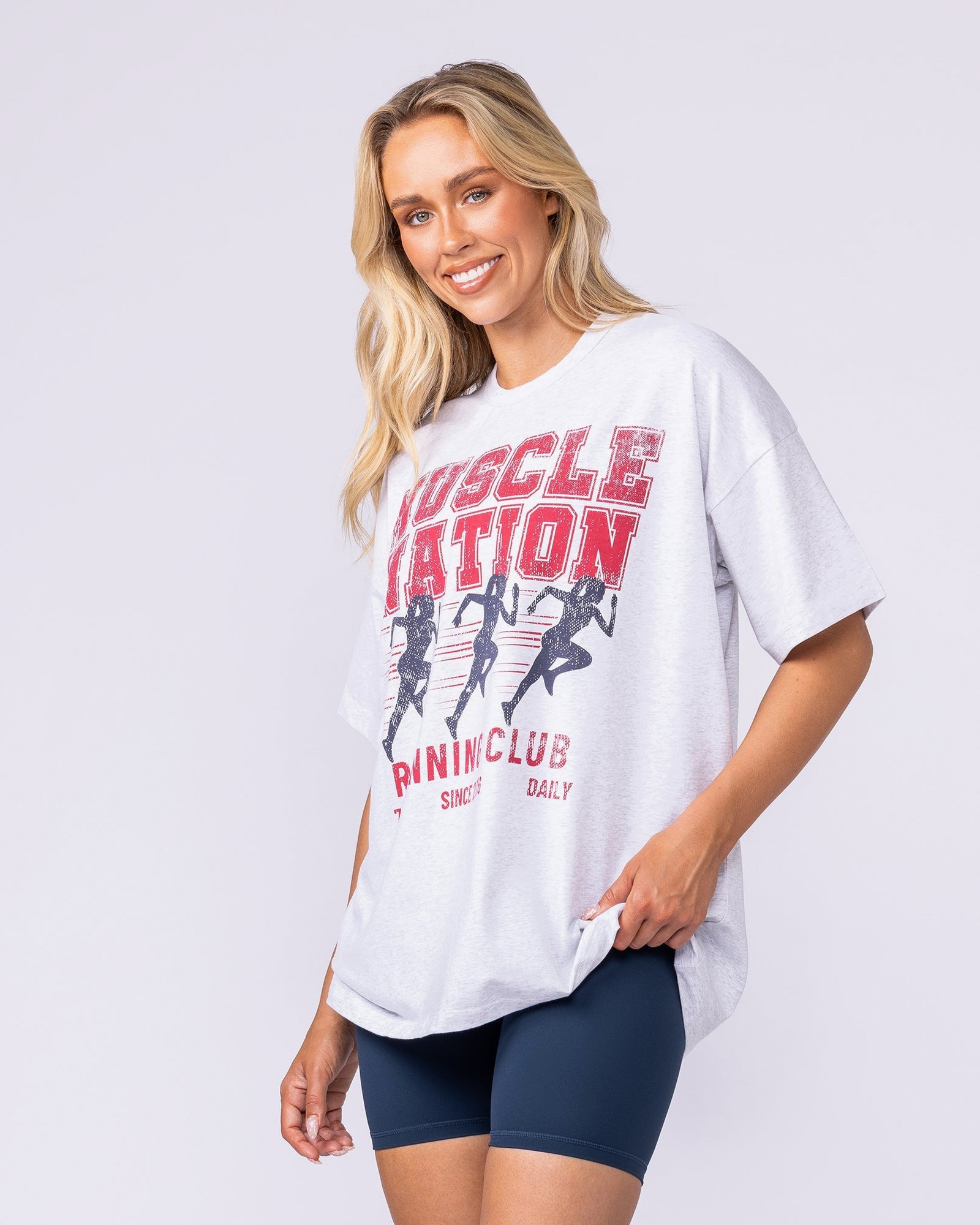 Womens Running Club Oversized Tee - Snow Grey Marl
